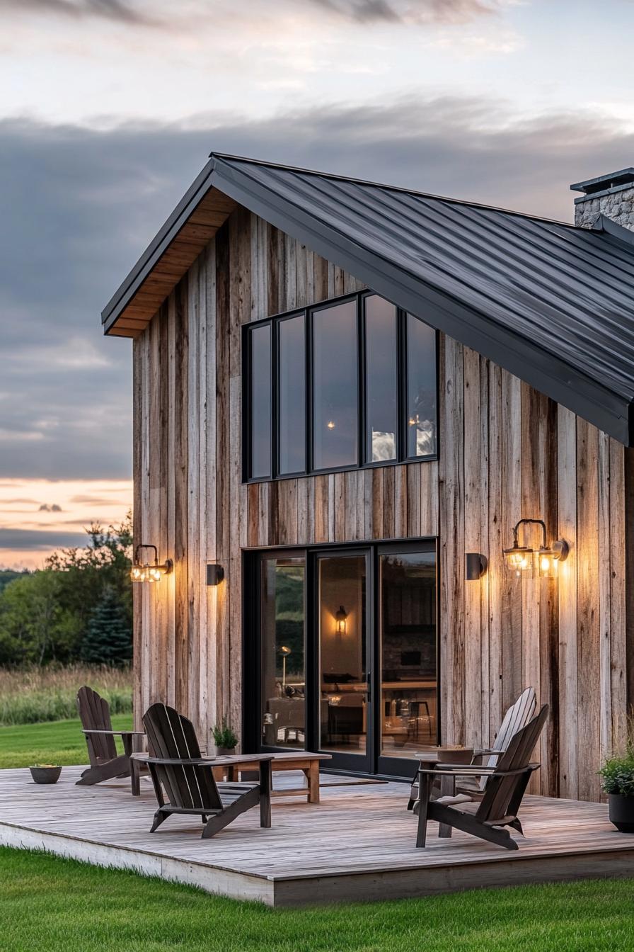 modern barn house with reclaimed wood siding large windows with black trim black roof wooden patio with adirondack chairs outdoor lamps on the 2