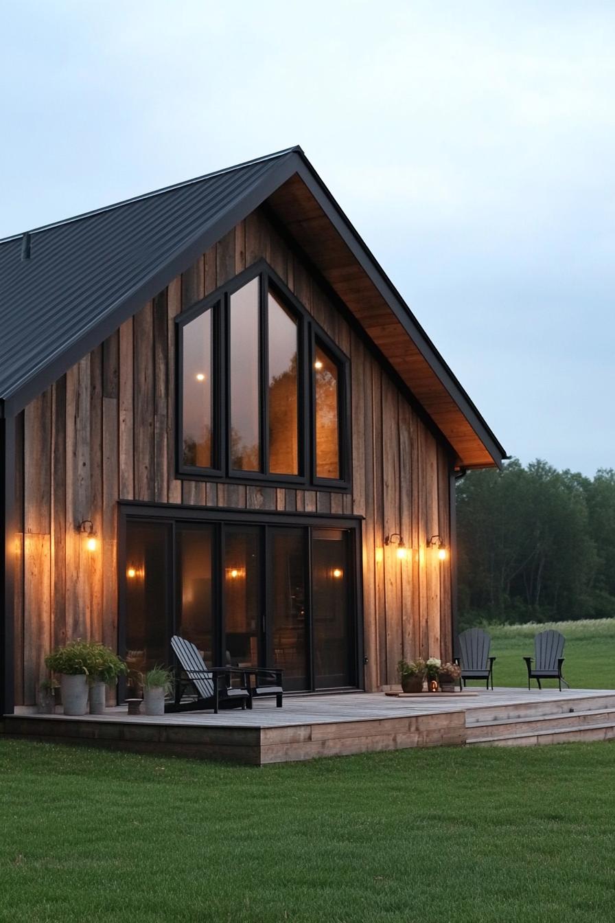 modern barn house with reclaimed wood siding large windows with black trim black roof wooden patio with adirondack chairs outdoor lamps on the 3