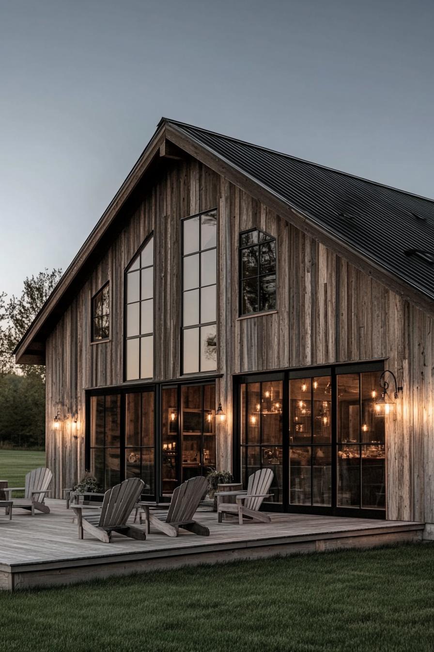 modern barn house with reclaimed wood siding large windows with black trim black roof wooden patio with adirondack chairs outdoor lamps on the