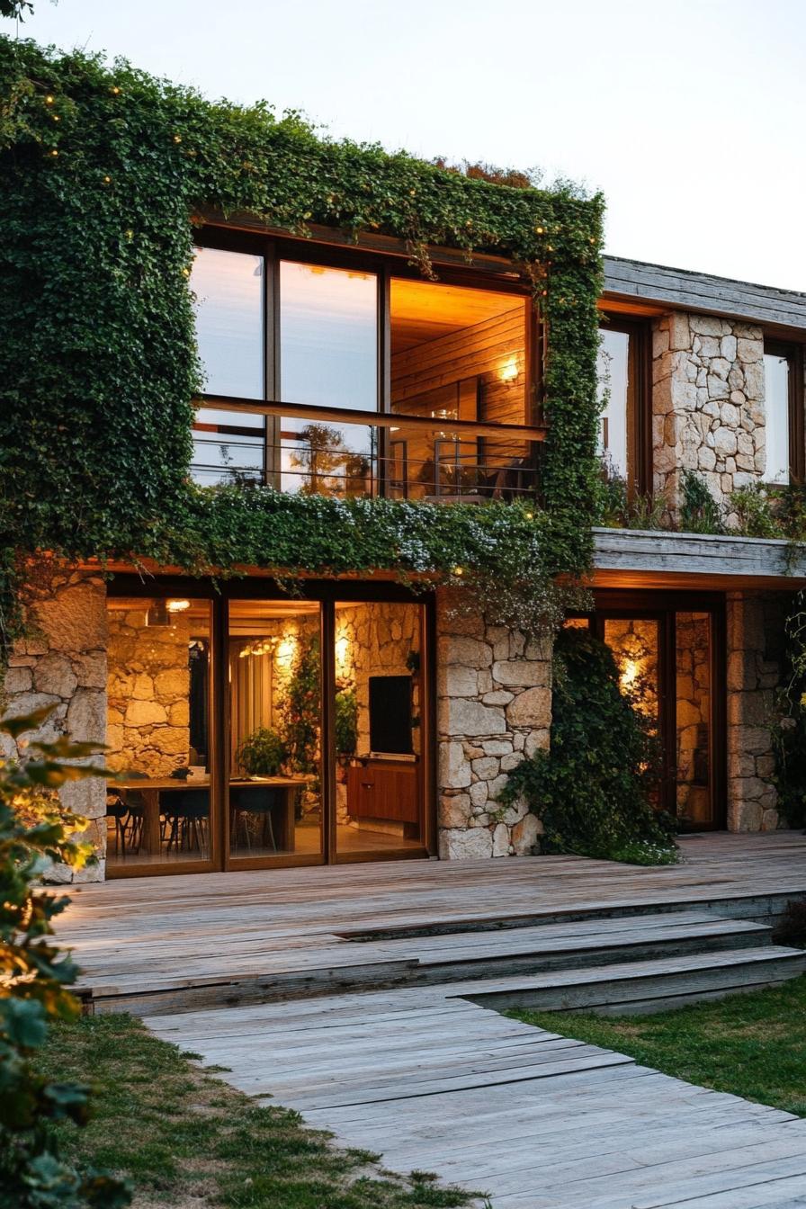 modern bohemian house facade with rustic cladding and climbing vines 1