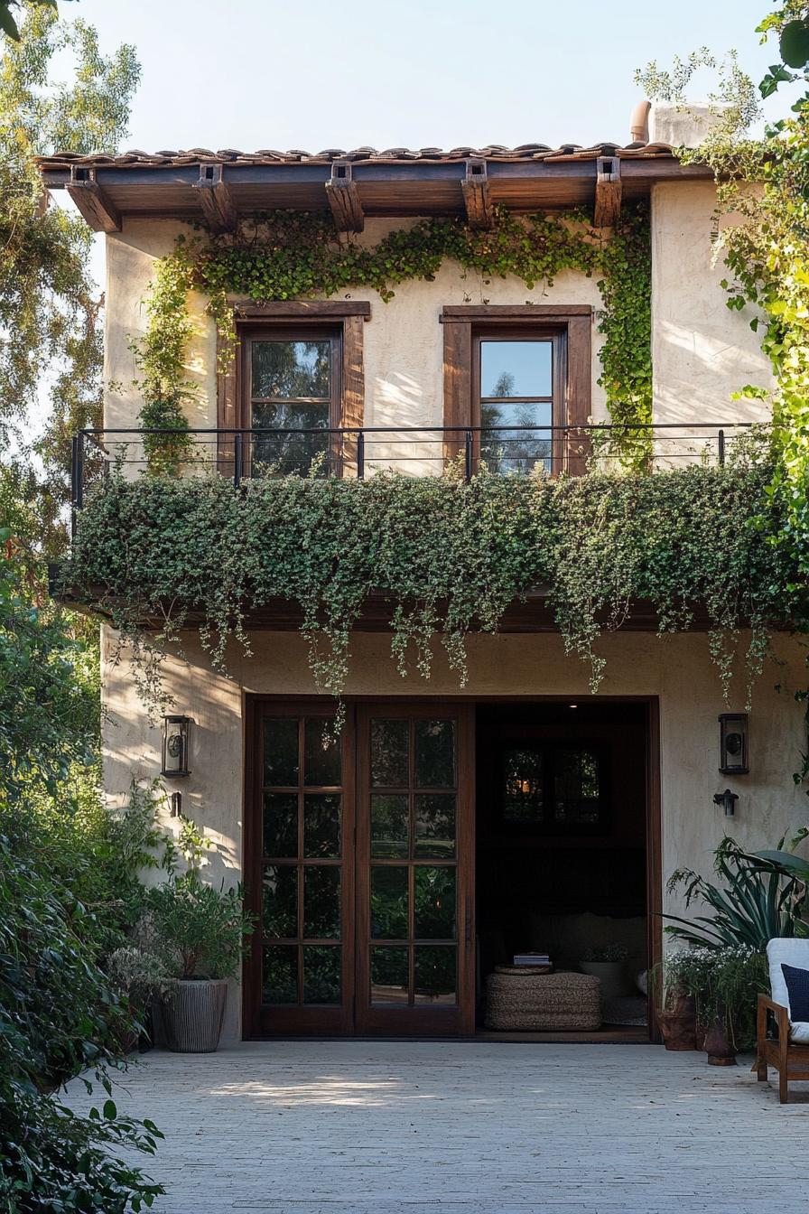 modern bohemian house facade with rustic cladding and climbing vines 2