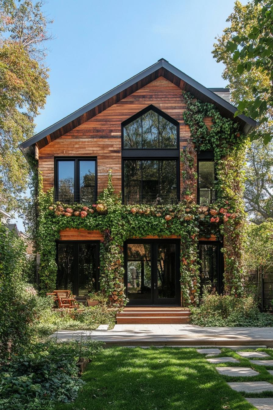 modern bohemian house facade with rustic cladding and climbing vines 3