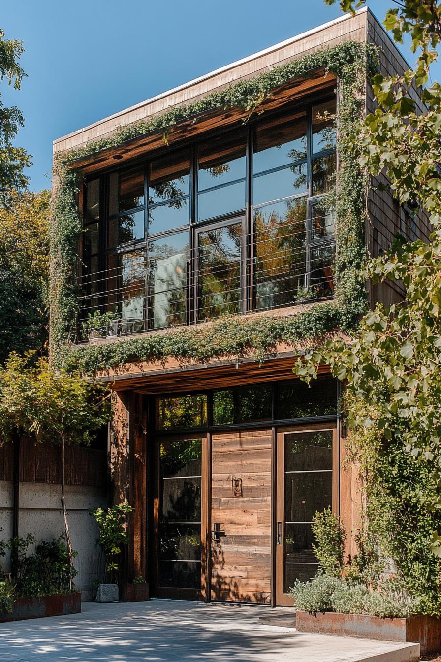 modern bohemian house facade with rustic cladding and climbing vines