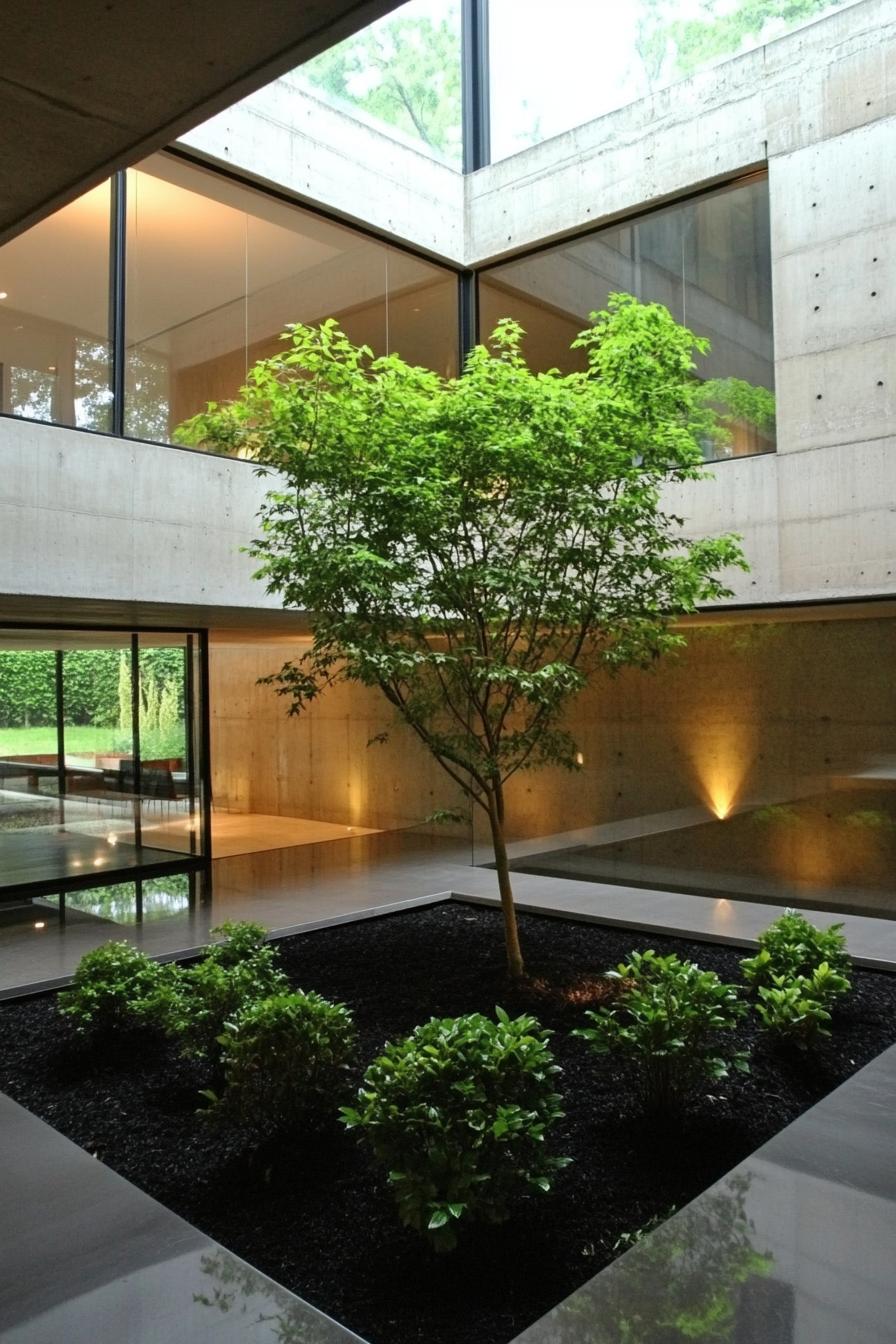 modern concrete house indoor courtyard with glass encased atrium with a young tree and lush bushes in dark mulch 1