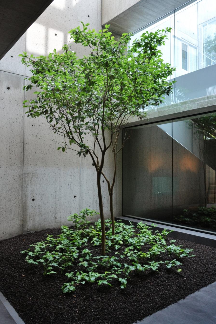 modern concrete house indoor courtyard with glass encased atrium with a young tree and lush bushes in dark mulch