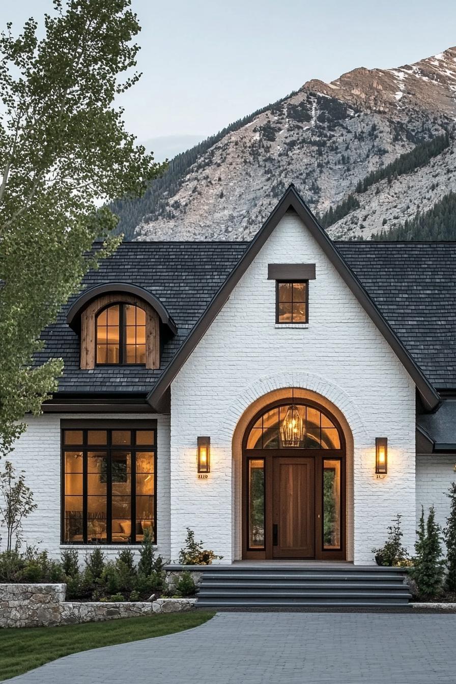 modern cottage style mountain home with white brick facade modern brown wooden trim windows and door arched entryway black shingle roof imposing 1