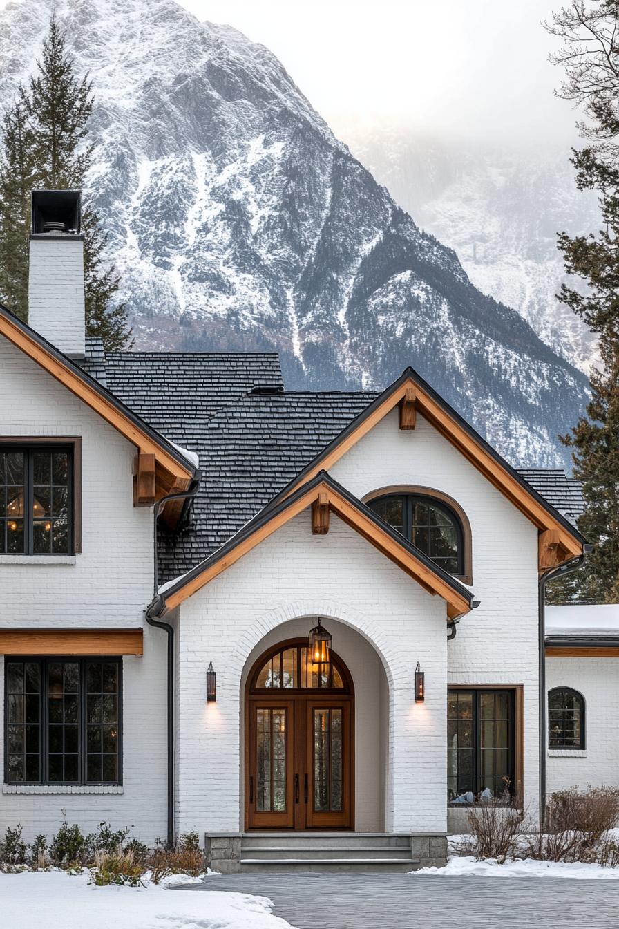 modern cottage style mountain home with white brick facade modern brown wooden trim windows and door arched entryway black shingle roof imposing 2