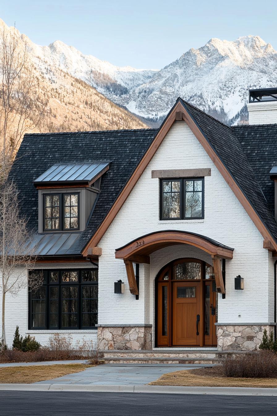 modern cottage style mountain home with white brick facade modern brown wooden trim windows and door arched entryway black shingle roof imposing 3