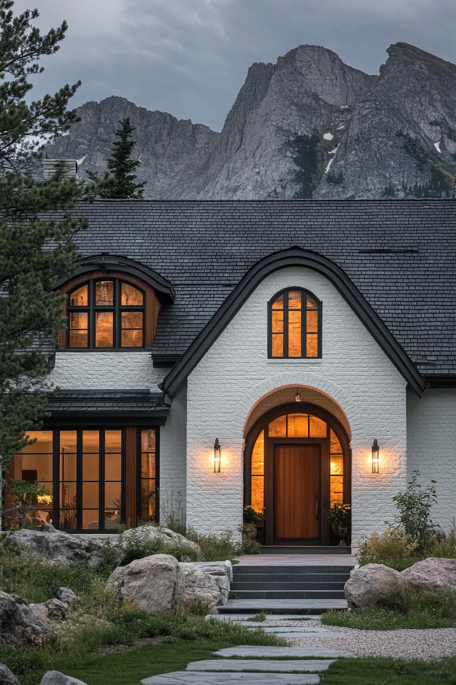 modern cottage style mountain home with white brick facade modern brown wooden trim windows and door arched entryway black shingle roof imposing 4