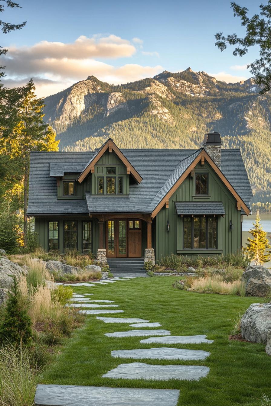 modern cottage style mountain house facade in sage green board and batten siding dark wood accents multi pitched roof with light grey shingles 1