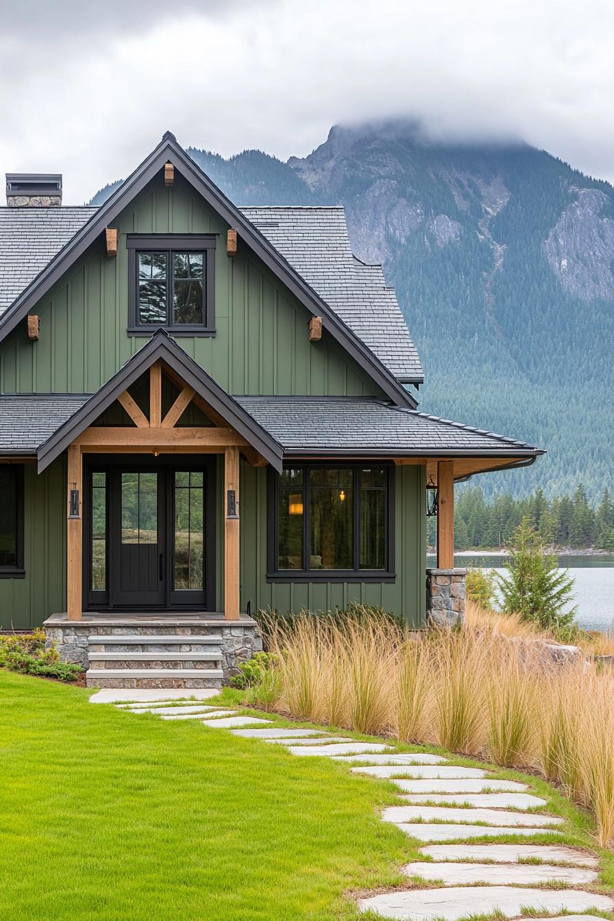 modern cottage style mountain house facade in sage green board and batten siding dark wood accents multi pitched roof with light grey shingles 2