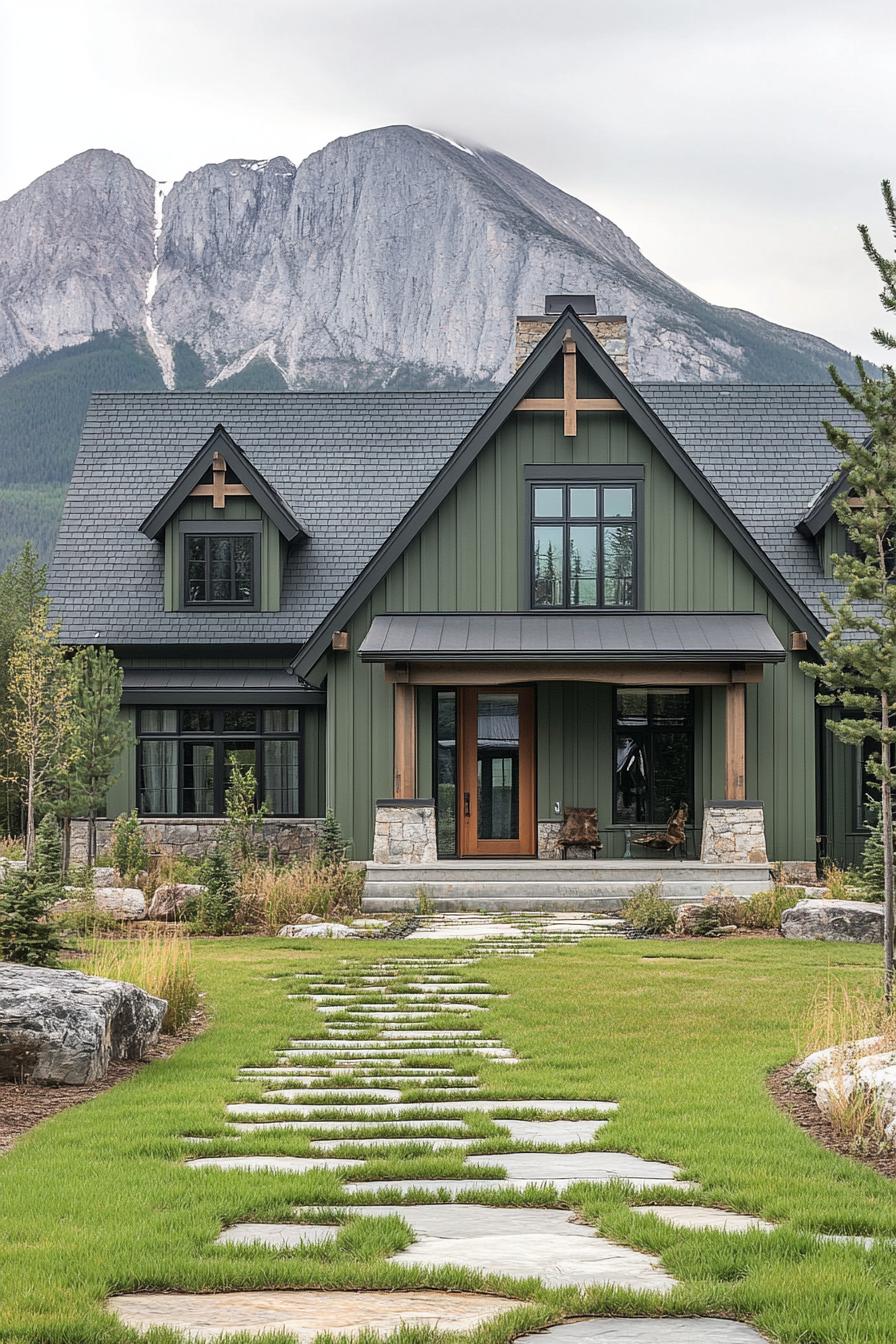 modern cottage style mountain house facade in sage green board and batten siding dark wood accents multi pitched roof with light grey shingles 3