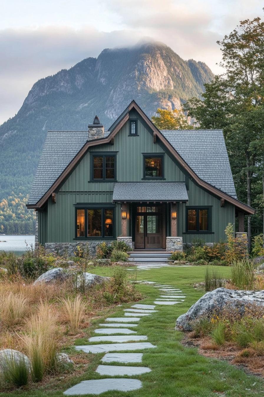 modern cottage style mountain house facade in sage green board and batten siding dark wood accents multi pitched roof with light grey shingles