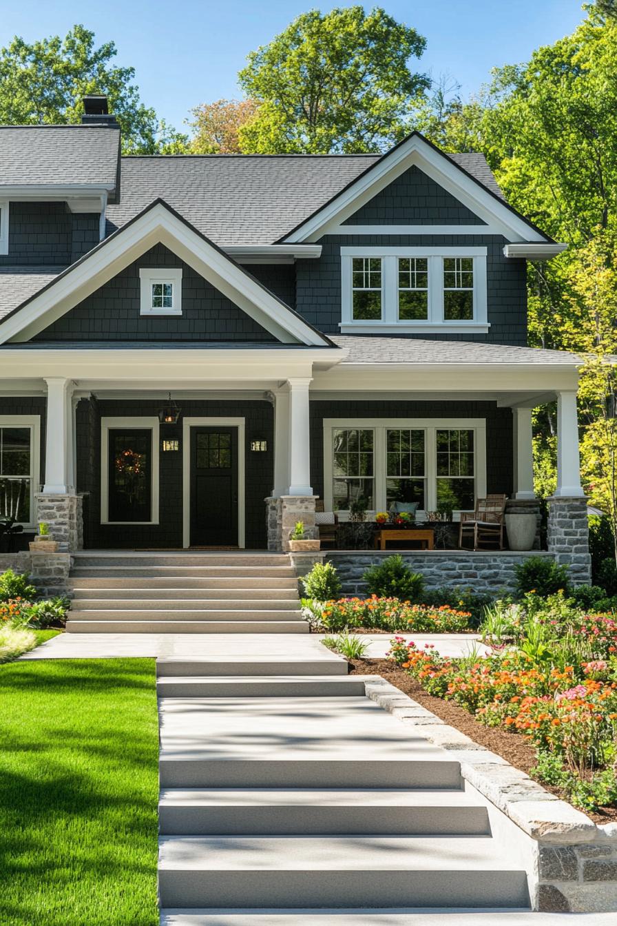 modern craftsman style house with grey siding double pitch roof with white trim porch with columns and stone foundations entrance steps fresh