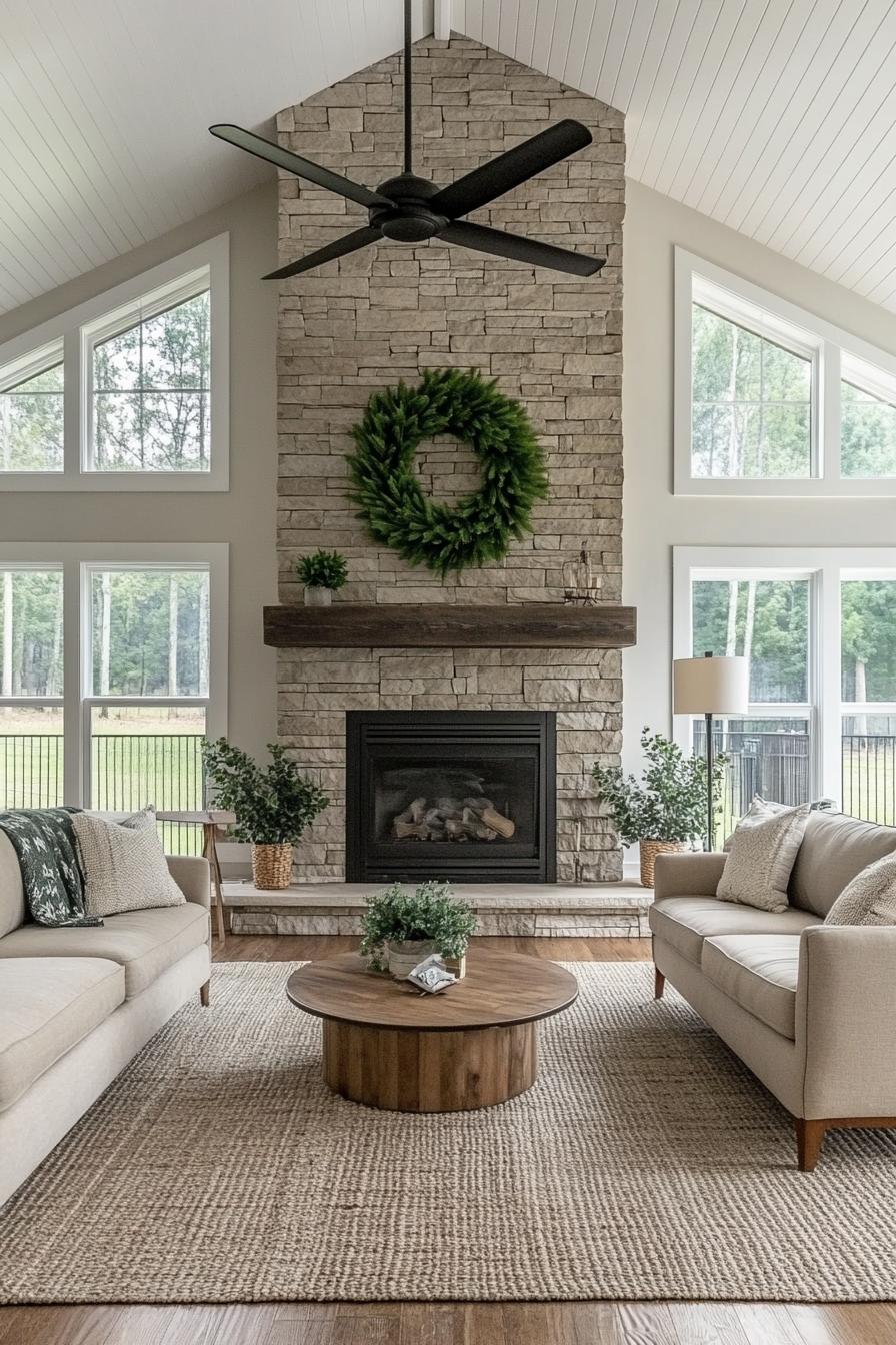 modern farmhouse living room with stone fireplace a big green wreath above the mantel near vaulted ceiling ceiling in reclaimed wood slats large 1