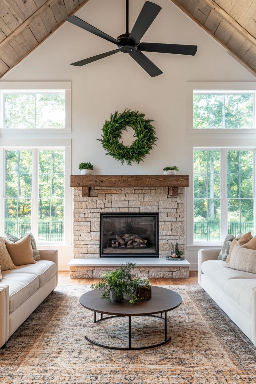 modern farmhouse living room with stone fireplace a big green wreath above the mantel near vaulted ceiling ceiling in reclaimed wood slats large 2