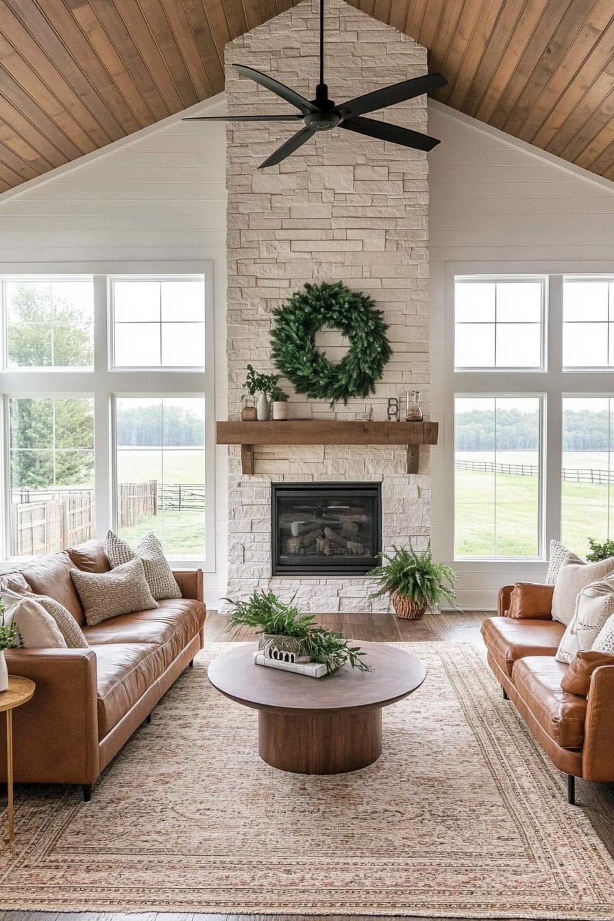 modern farmhouse living room with stone fireplace a big green wreath above the mantel near vaulted ceiling ceiling in reclaimed wood slats large 3