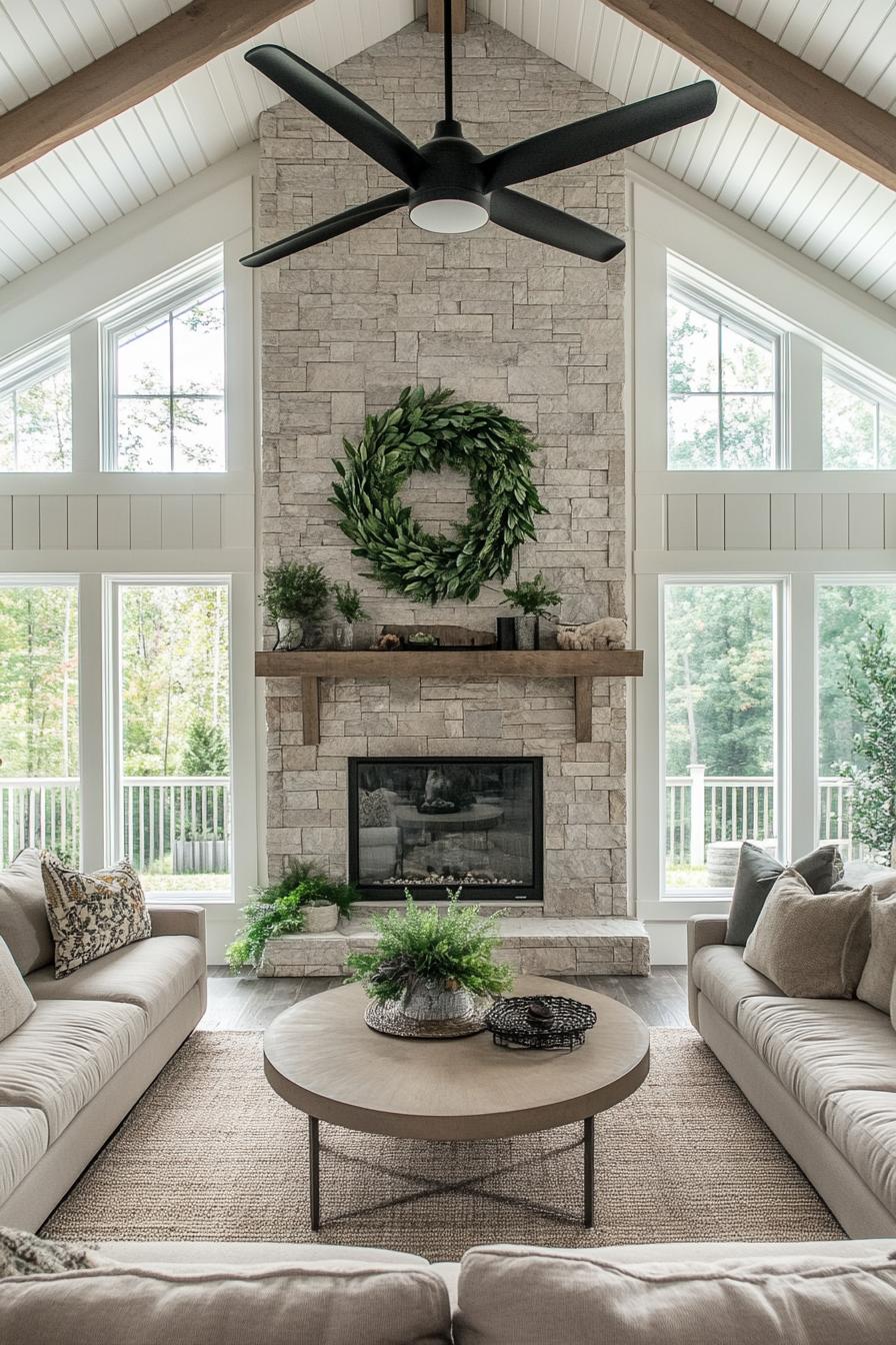 modern farmhouse living room with stone fireplace a big green wreath above the mantel near vaulted ceiling ceiling in reclaimed wood slats large