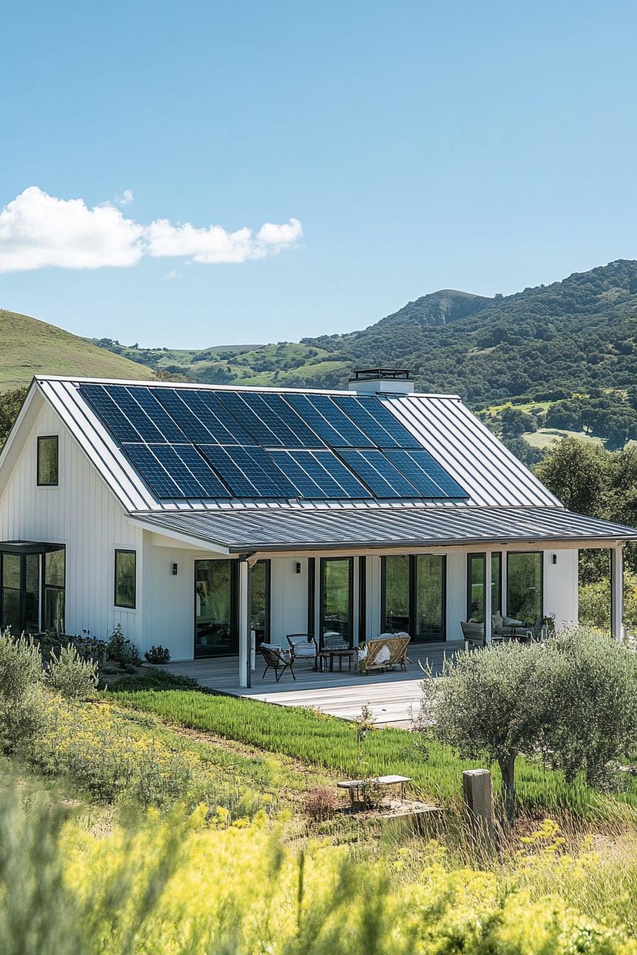 modern farmhouse with solar panel roof in beautiful green valley 1