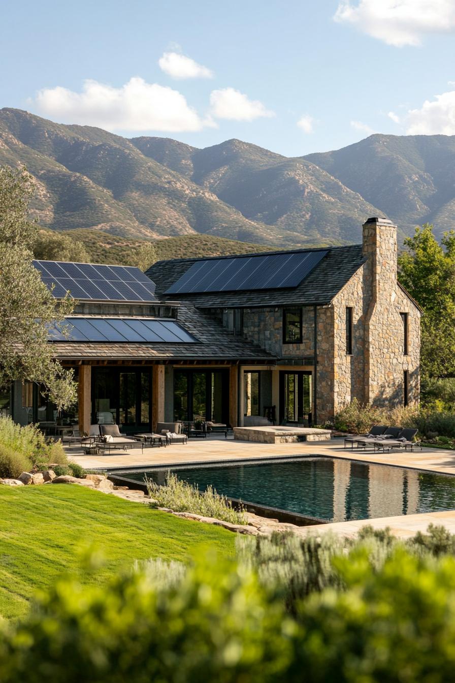 modern farmhouse with solar panel roof in beautiful green valley