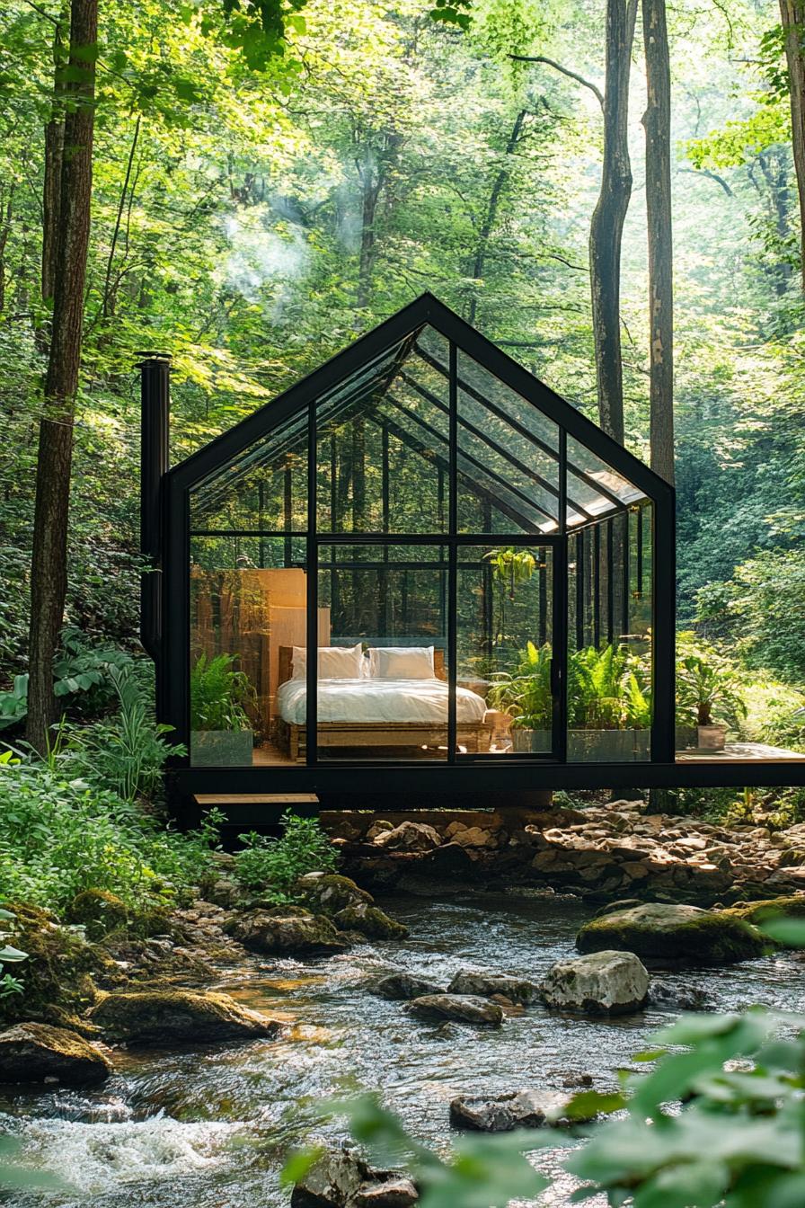 modern forest glass cabin with black metal frame a bedroom is visible inside the cabin has a trip with green plants the cabin stand on an edge of a 1