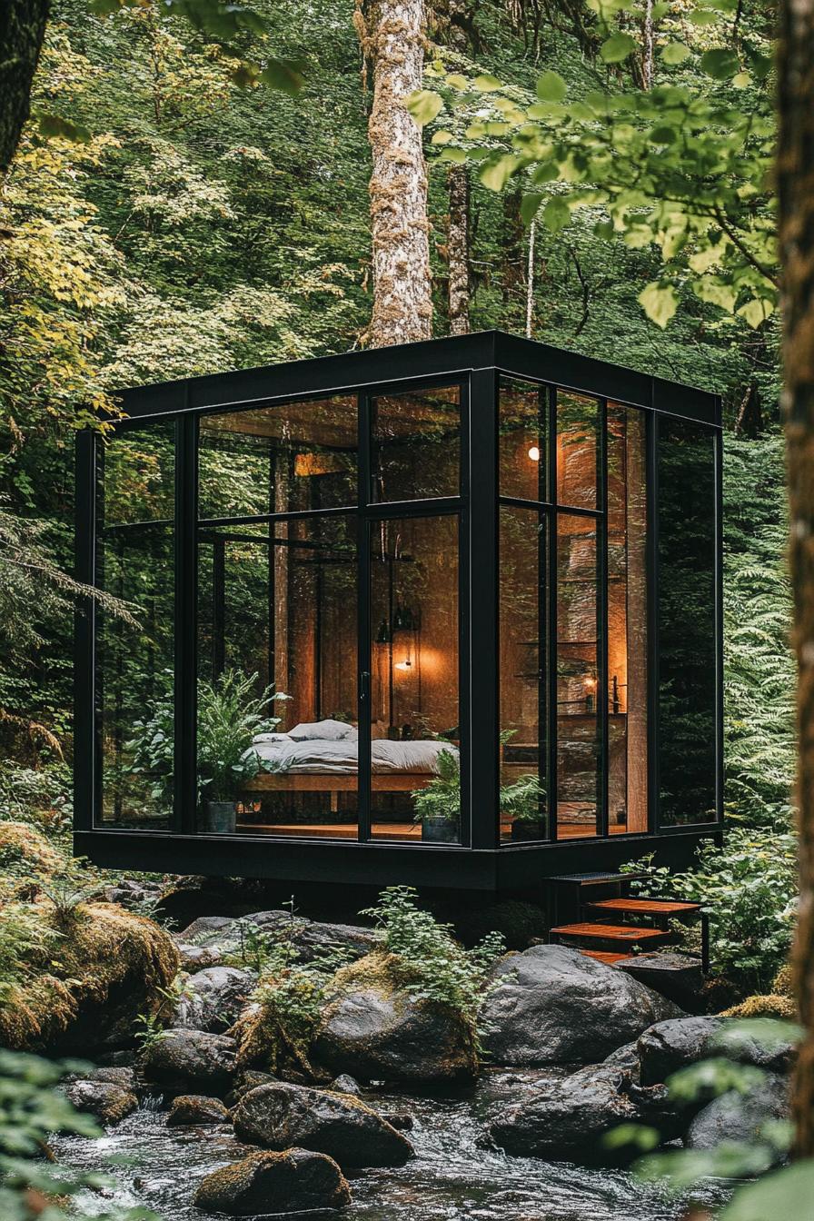 modern forest glass cabin with black metal frame a bedroom is visible inside the cabin has a trip with green plants the cabin stand on an edge of a 2