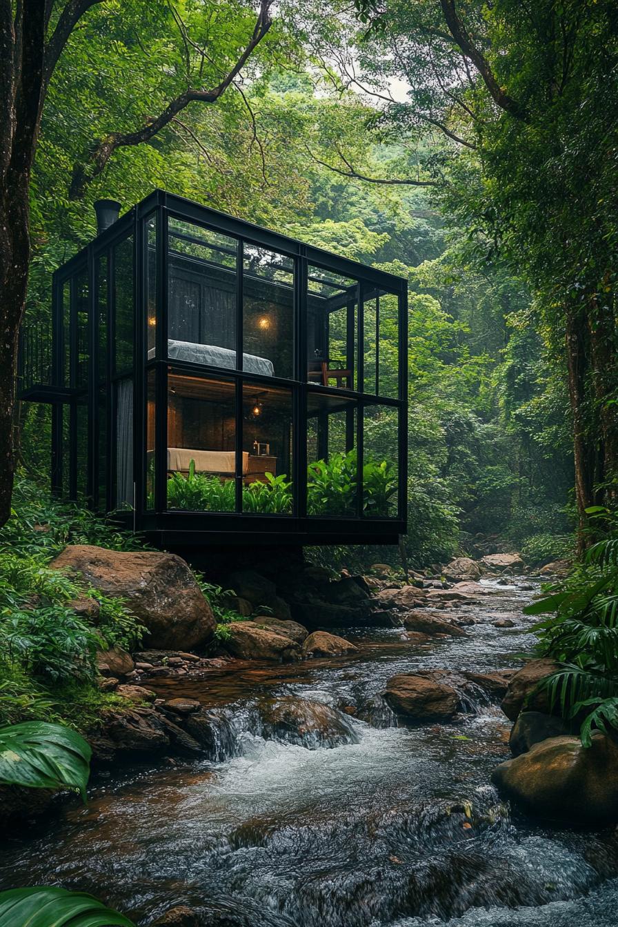 modern forest glass cabin with black metal frame a bedroom is visible inside the cabin has a trip with green plants the cabin stand on an edge of a 3