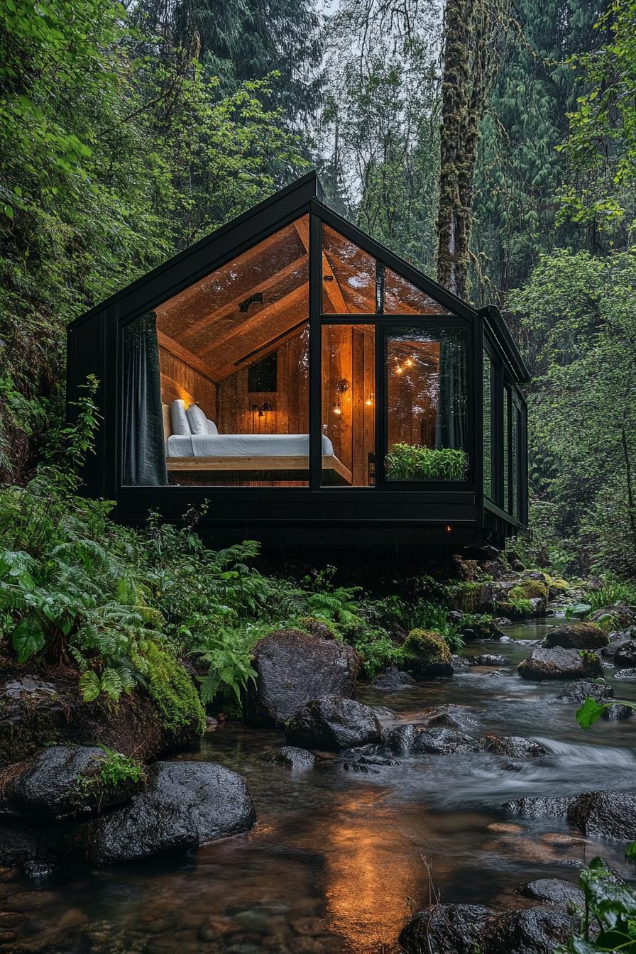 modern forest glass cabin with black metal frame a bedroom is visible inside the cabin has a trip with green plants the cabin stand on an edge of a