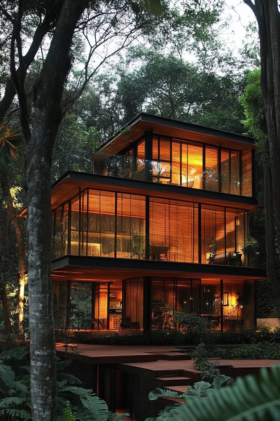 modern forest house treehouse facade with glass balcony wrapped around 1