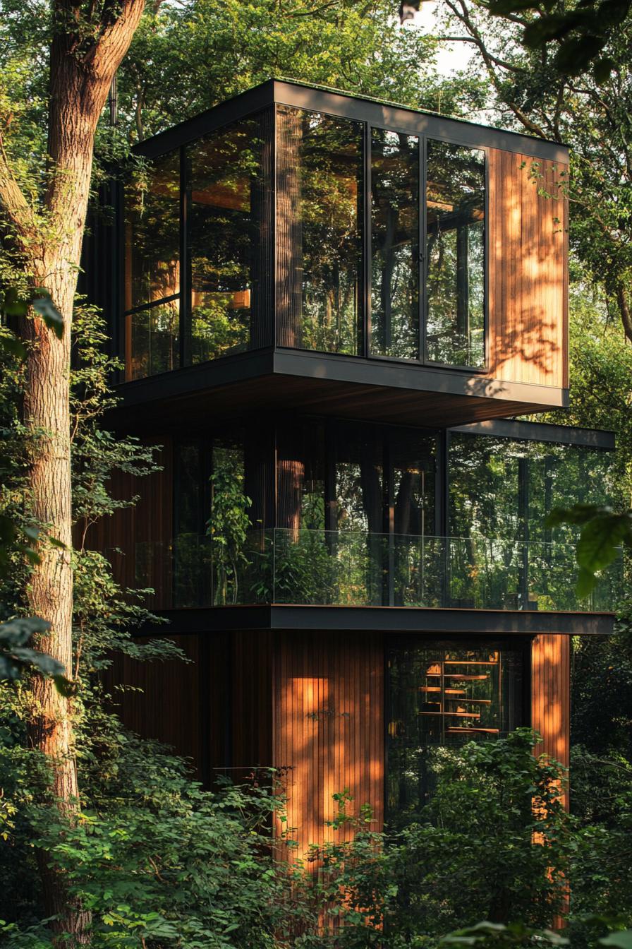 modern forest house treehouse facade with glass balcony wrapped around 2