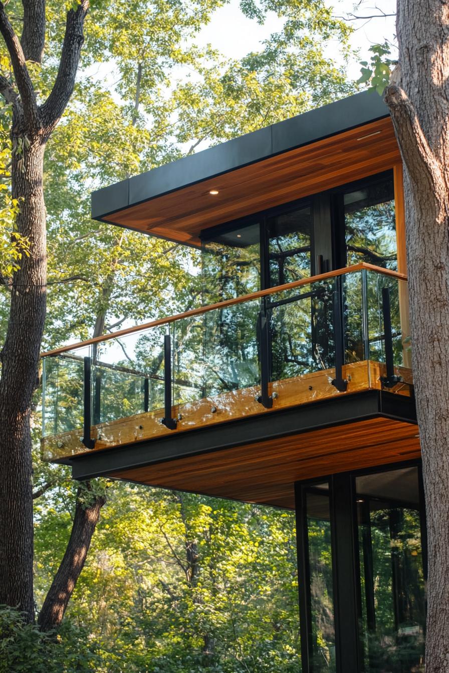 modern forest house treehouse facade with glass balcony wrapped around