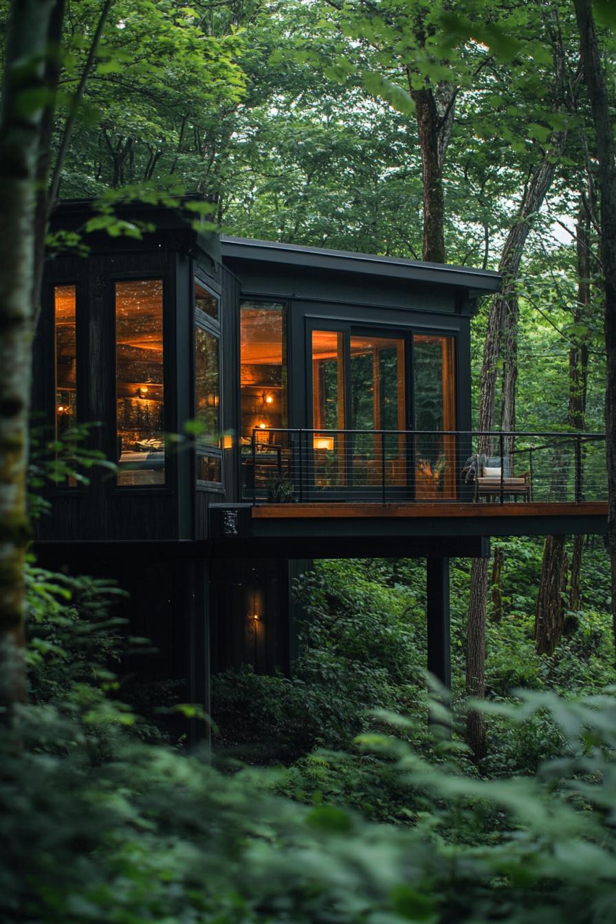 modern forest lodge with full wall windows on stilts with a deck in a lush forest 1