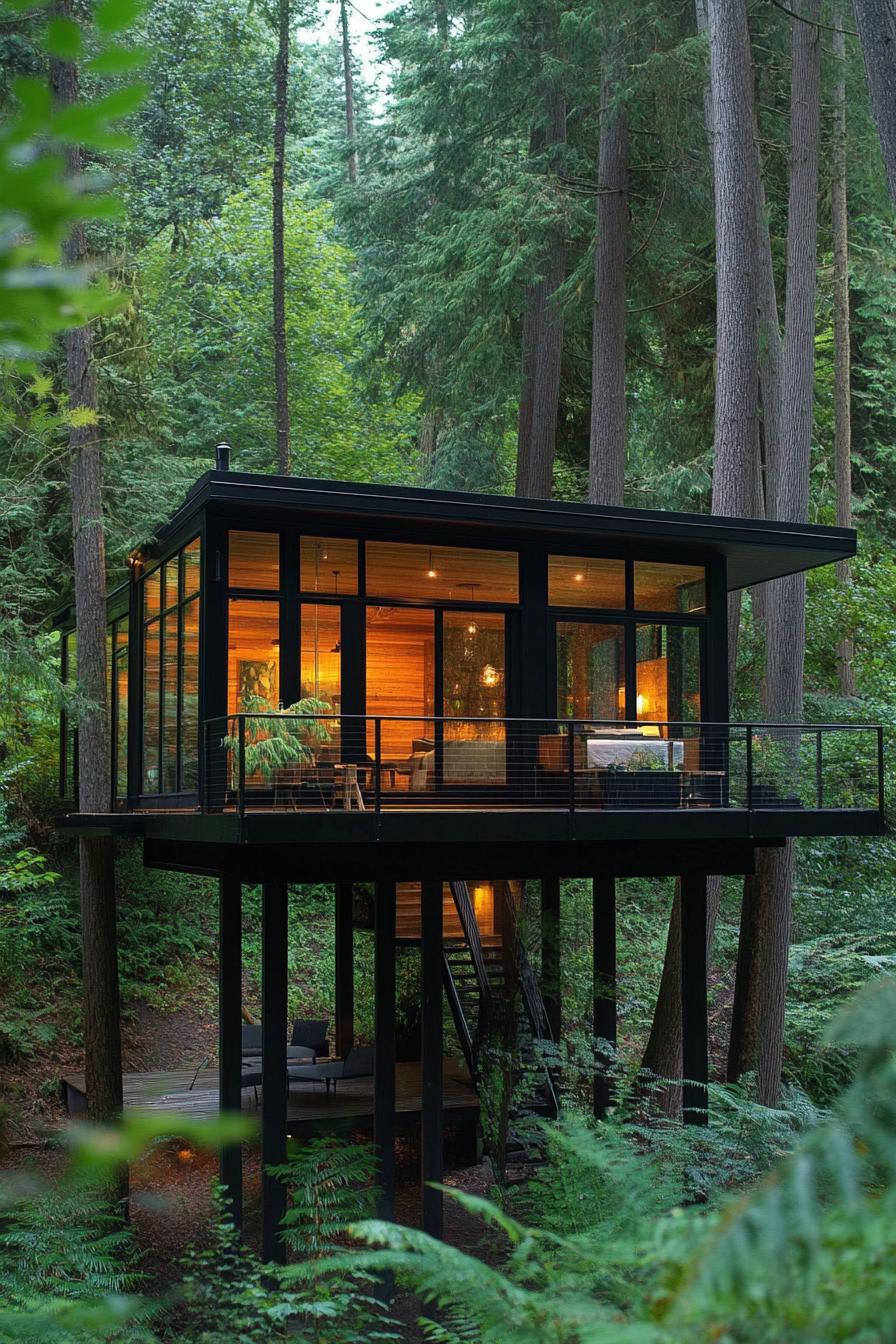 modern forest lodge with full wall windows on stilts with a deck in a lush forest 2