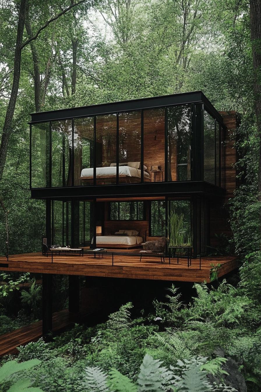 modern forest lodge with full wall windows on stilts with a deck in a lush forest 3