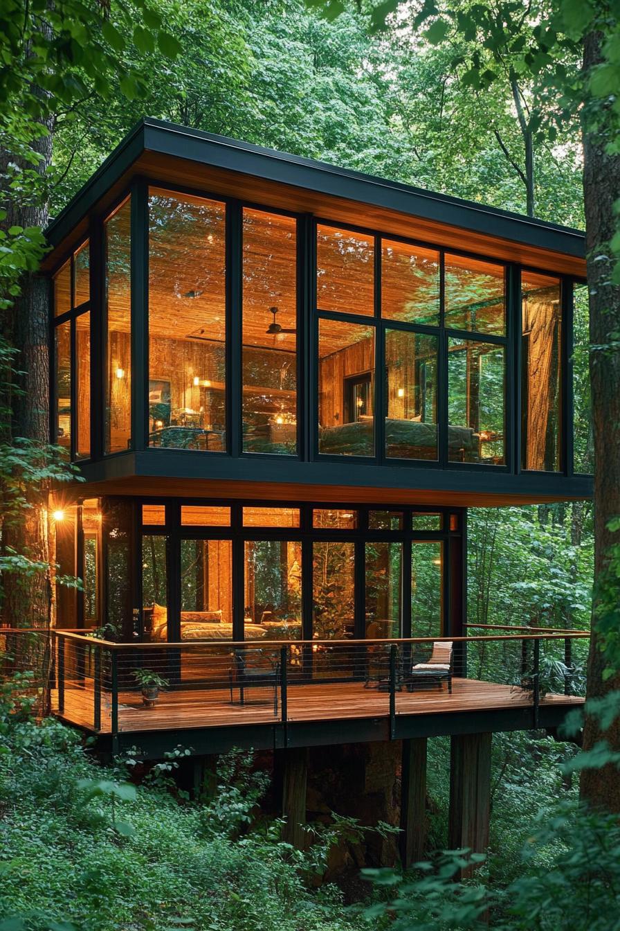 modern forest lodge with full wall windows on stilts with a deck in a lush forest