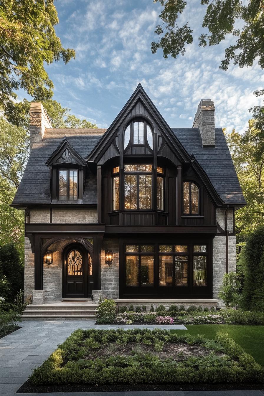 modern gothic style cottage facade with dark wood siding and wrought iron accents 1