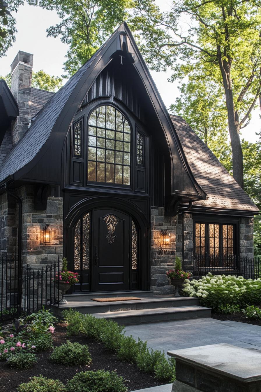 modern gothic style cottage facade with dark wood siding and wrought iron accents 2