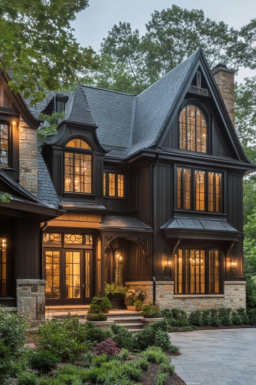 modern gothic style cottage facade with dark wood siding and wrought iron accents 3