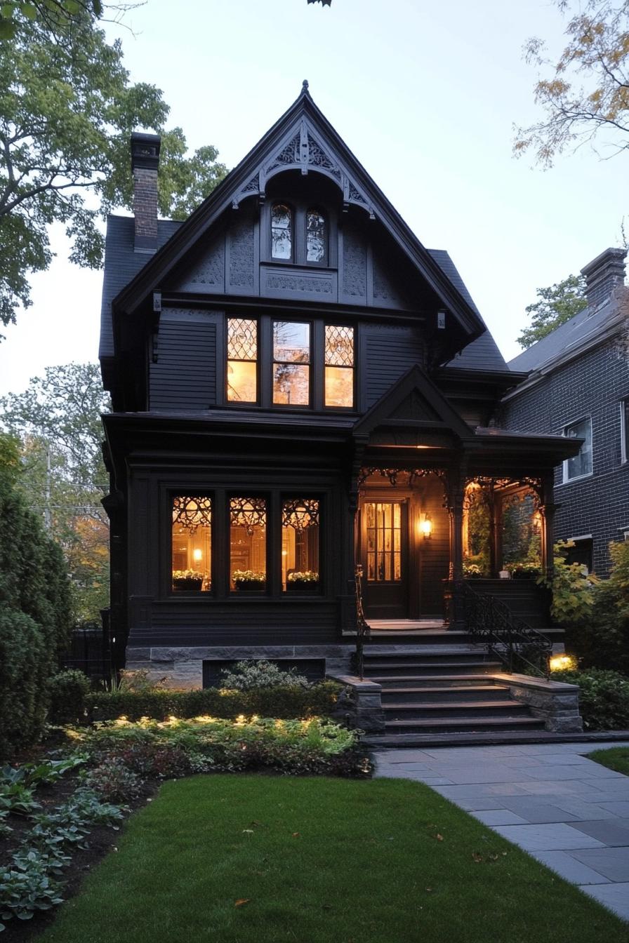 modern gothic style cottage facade with dark wood siding and wrought iron accents