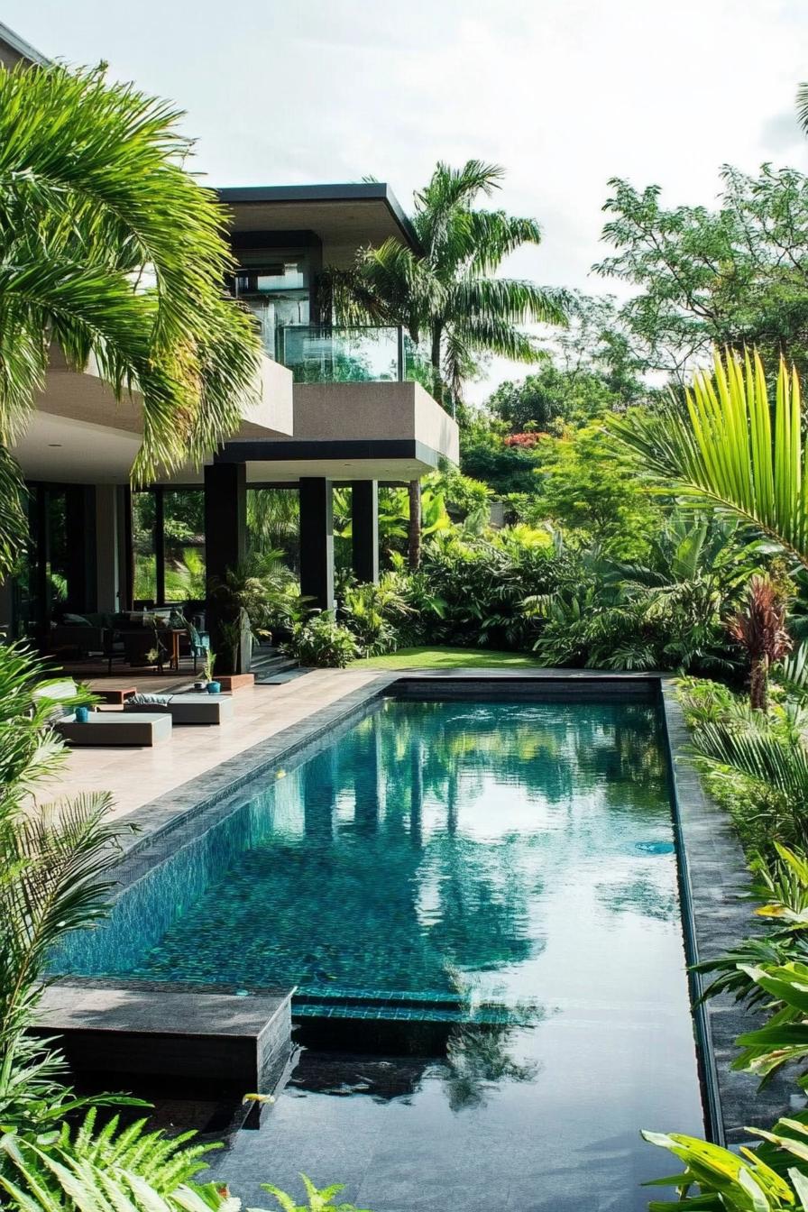 modern house backyard pool landscape with lush tropical plants 1