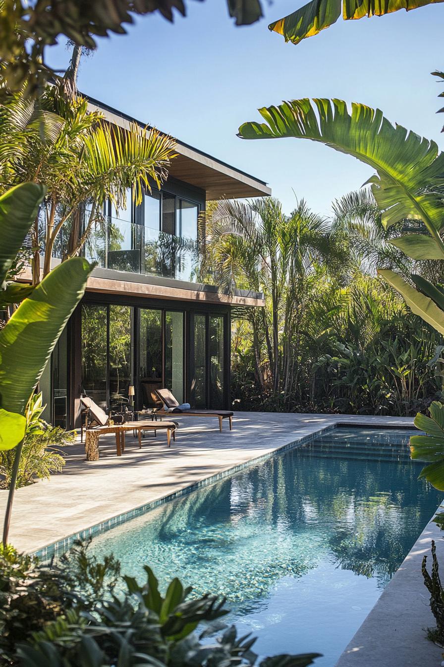 modern house backyard pool landscape with lush tropical plants