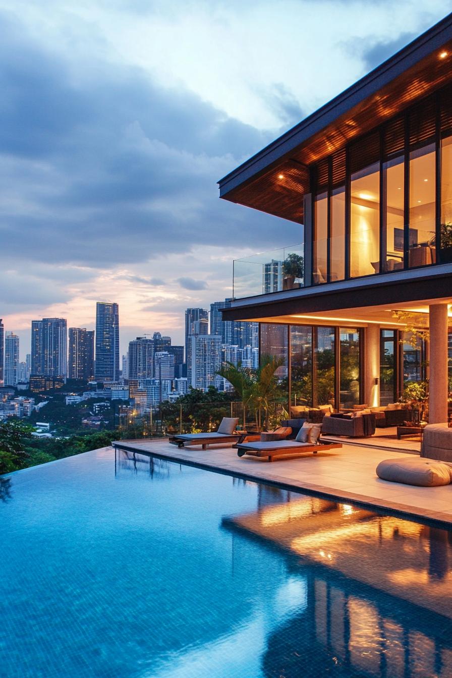 modern house with infinity pool overlooking big city skyline 1