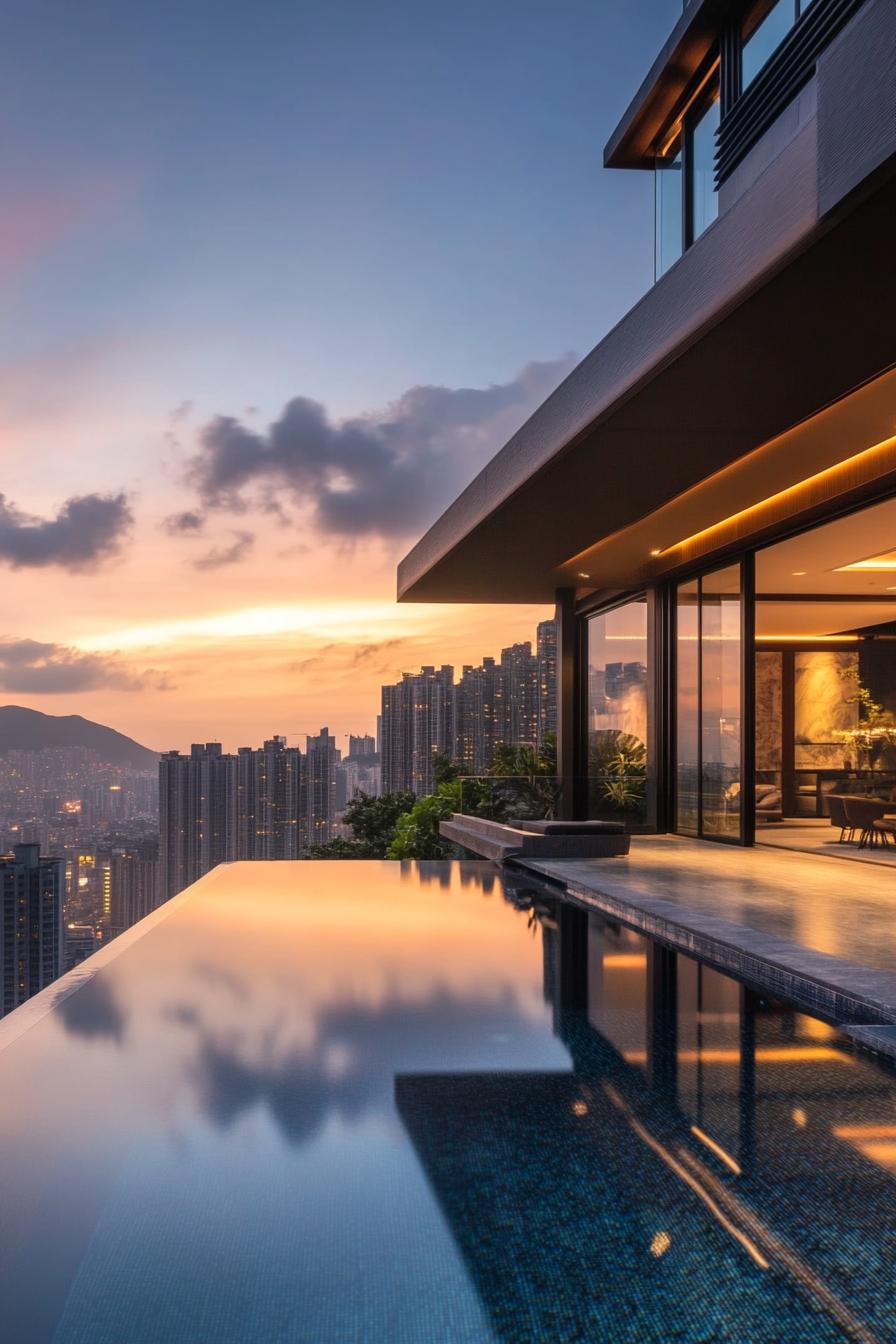 modern house with infinity pool overlooking big city skyline 2