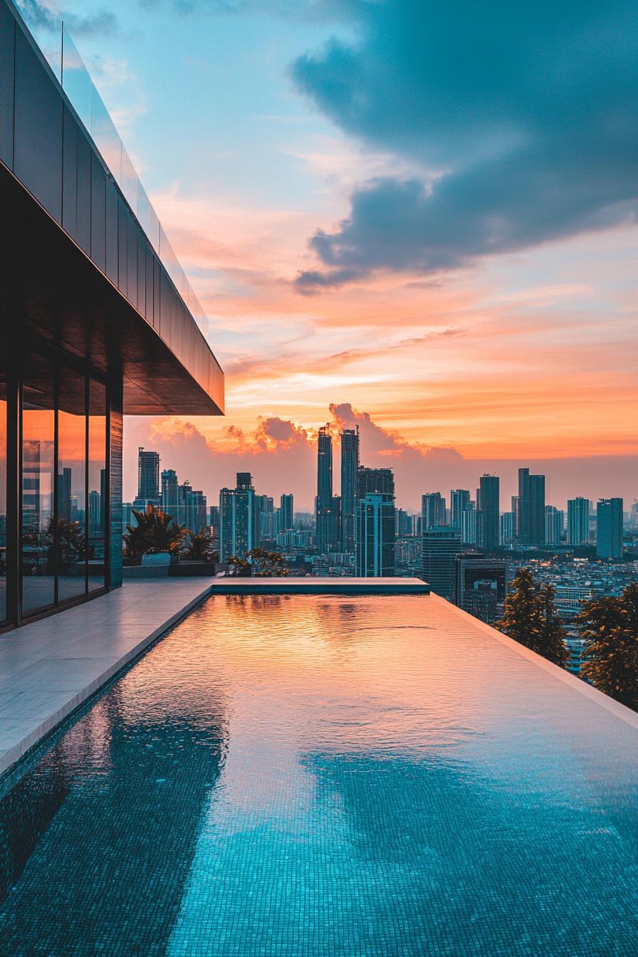 modern house with infinity pool overlooking big city skyline 3