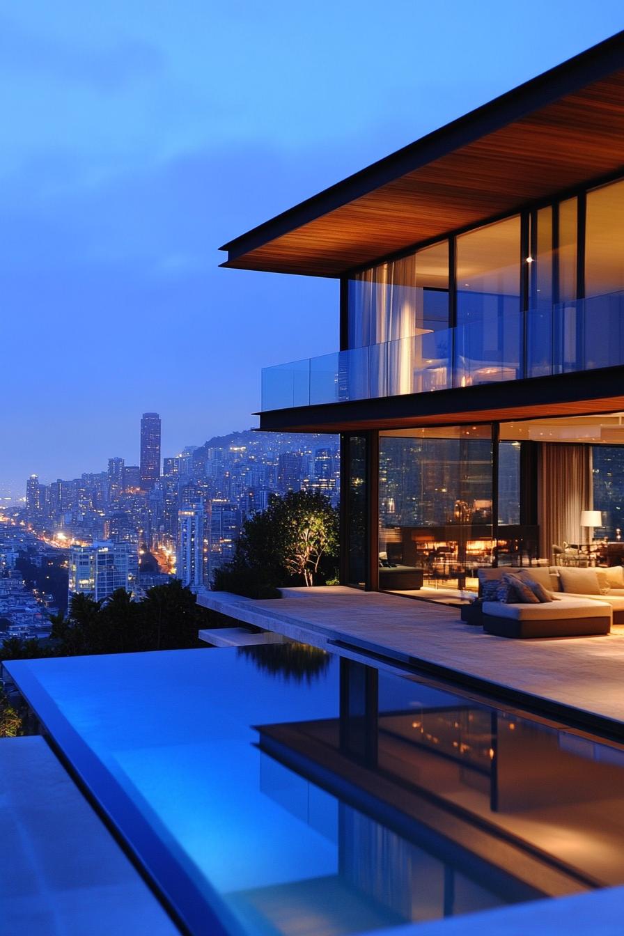 modern house with infinity pool overlooking big city skyline