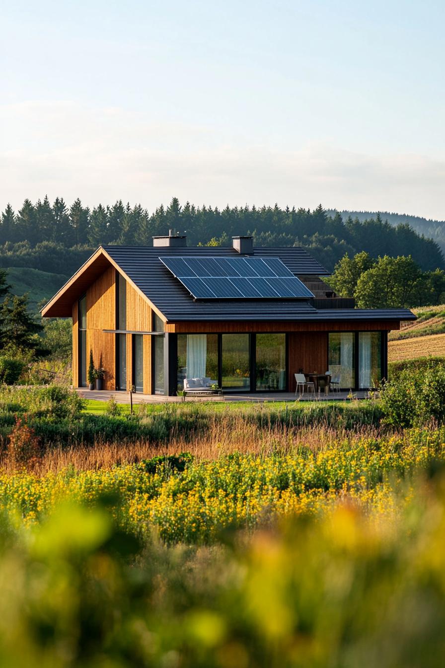 modern house with solar roof on a beautiful farmland