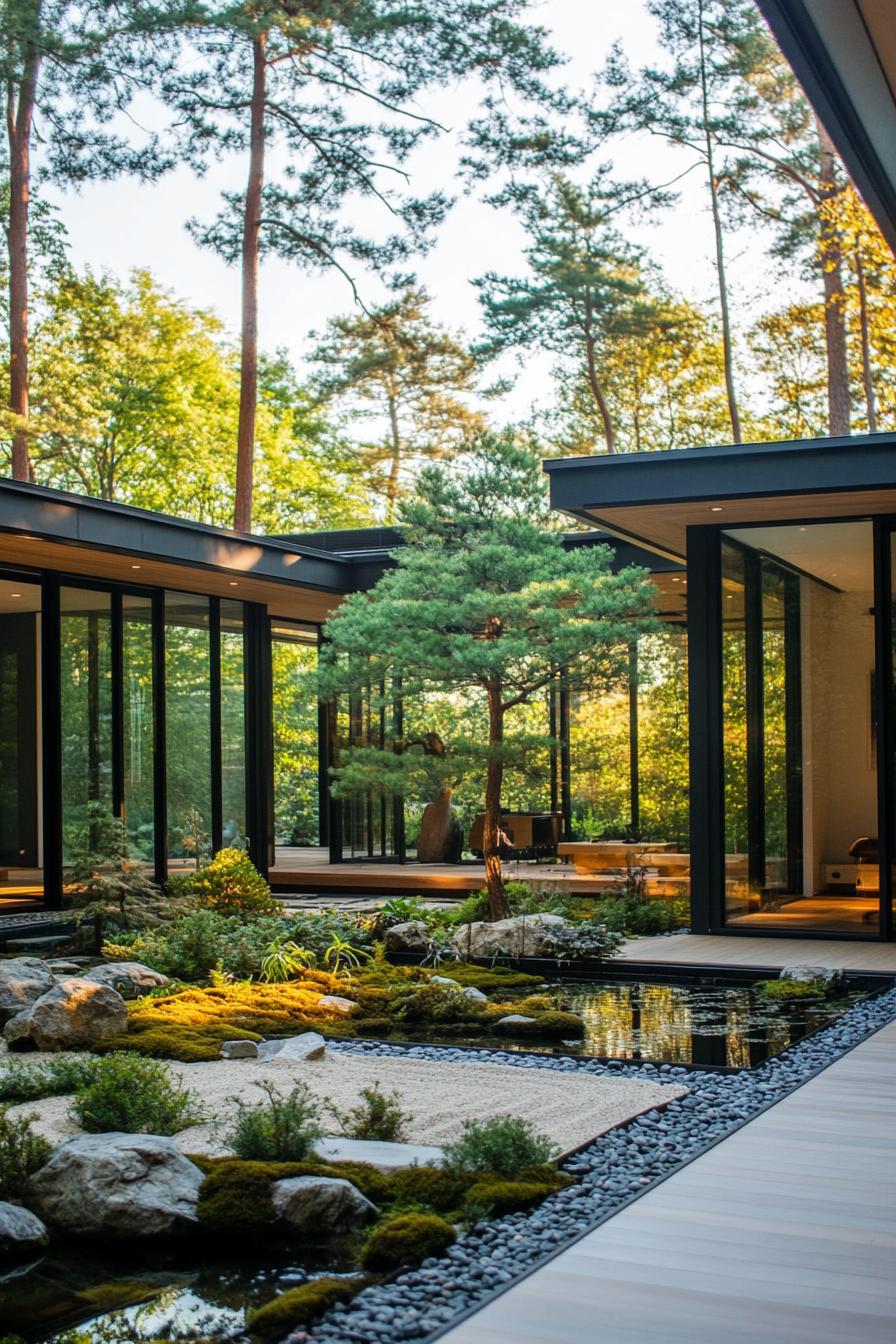 modern japanase inner u shaped courtyard with zen garden with rocks pond tree and plants deck with small rock sections large glass doors tall 1