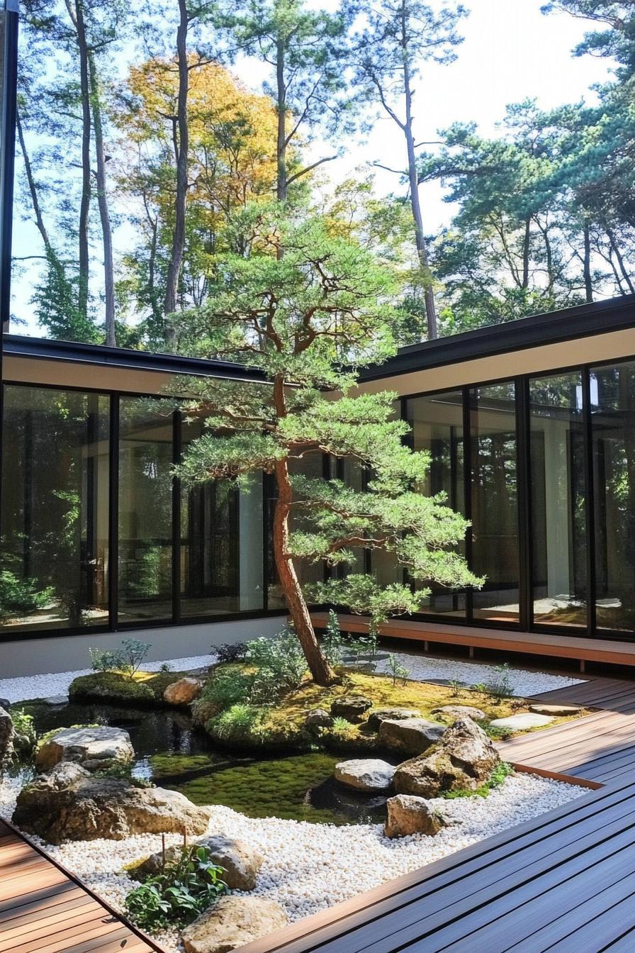 modern japanase inner u shaped courtyard with zen garden with rocks pond tree and plants deck with small rock sections large glass doors tall 3