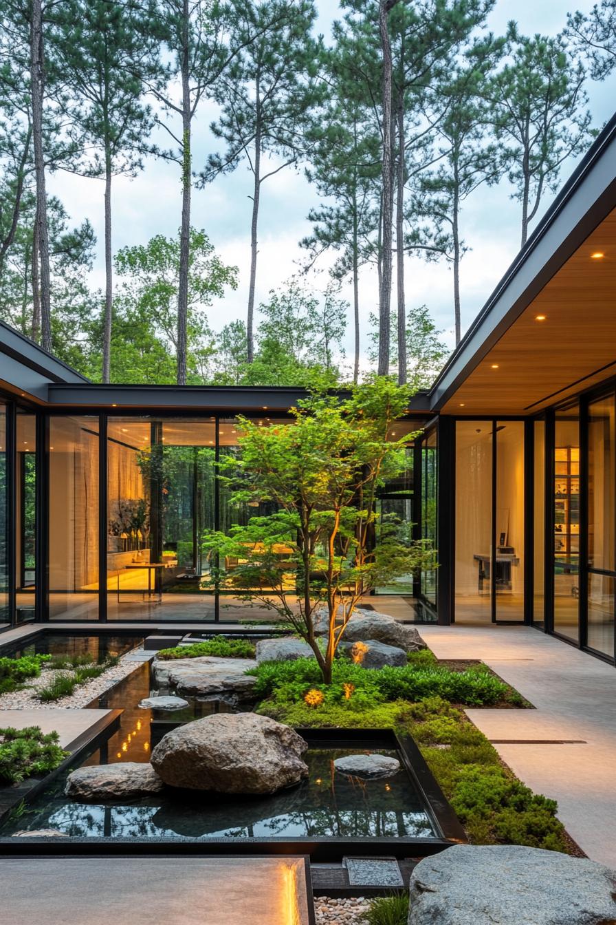 modern japanase inner u shaped courtyard with zen garden with rocks pond tree and plants deck with small rock sections large glass doors tall