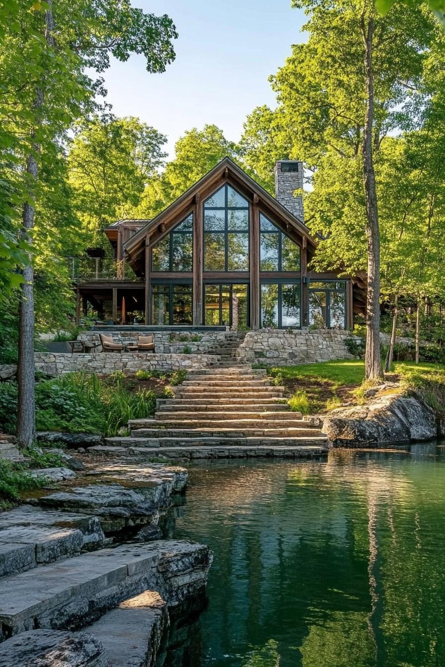 modern lakefront house with gabled roof full wall windows stone bank with stairs down to the lake dock the house gets plenty of shade by 1